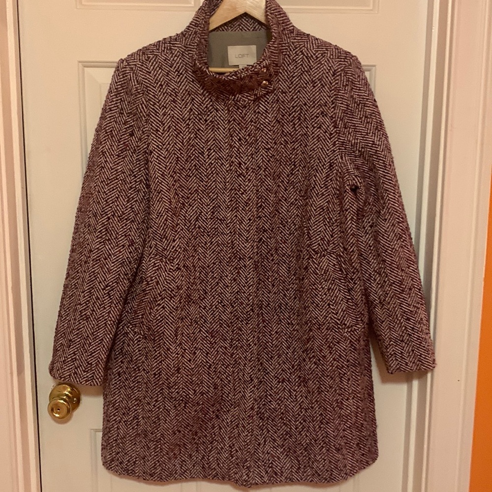 Loft Women's Marled Burgundy Herringbone Stand-Collar Coat